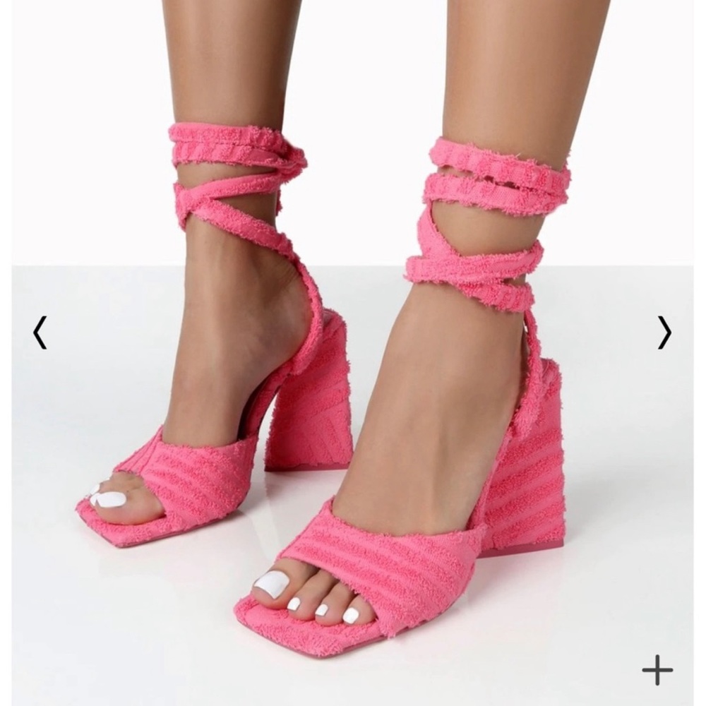 PUBLIC DESIRE | Mojito Pink Towelling Lace Up Heels in Terrycloth